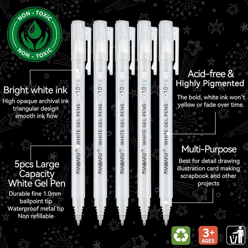 PANDAFLY White Gel Pens, 1 mm Extra Fine Point Gel Ink Pens, Opaque Archival Ink Pens for Black Paper Drawing, Sketching, Card Making, White Gel Pen for Art Highlight & Artists Drawing, 5 Pack - Image 3